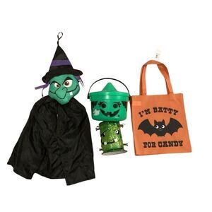 Lot Of 4 Halloween Trick Or Treat Bucket Bag Jar Wall Decor Spooky Holiday